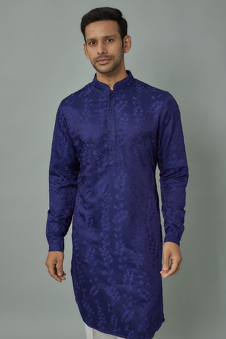 Electric Blue Linen Satin Embroidered Kurta by Kunal Rawal at Pernia's Pop Up Shop