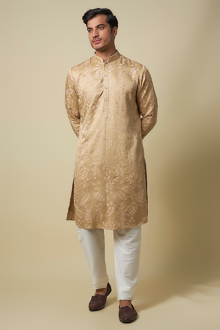 Beige Linen Satin Embroidered Kurta by Kunal Rawal