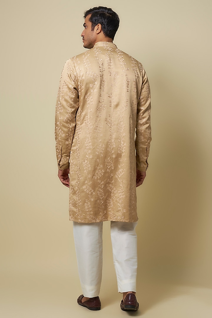 Beige Linen Satin Embroidered Kurta by Kunal Rawal at Pernia's Pop Up Shop
