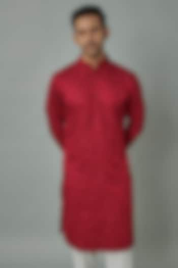 Red Linen Satin Embroidered Kurta by Kunal Rawal