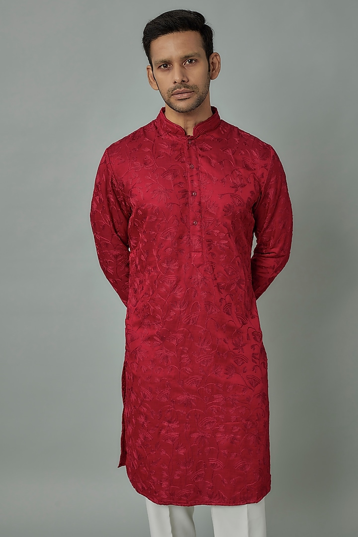 Red Linen Satin Embroidered Kurta by Kunal Rawal