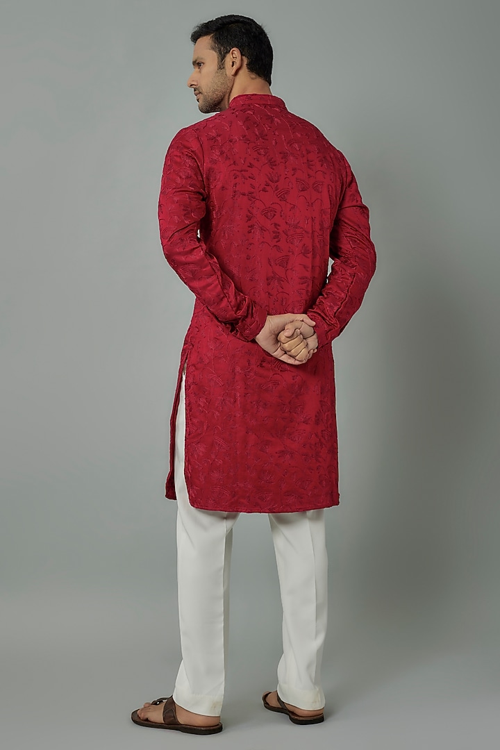 Red Linen Satin Embroidered Kurta by Kunal Rawal at Pernia's Pop Up Shop
