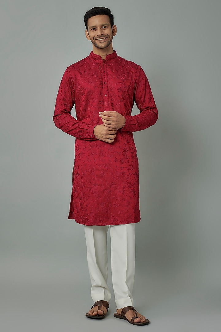 Red Linen Satin Embroidered Kurta by Kunal Rawal at Pernia's Pop Up Shop