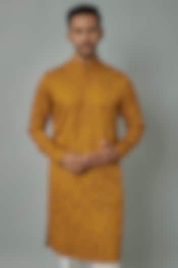 Mustard Linen Satin Embroidered Kurta by Kunal Rawal