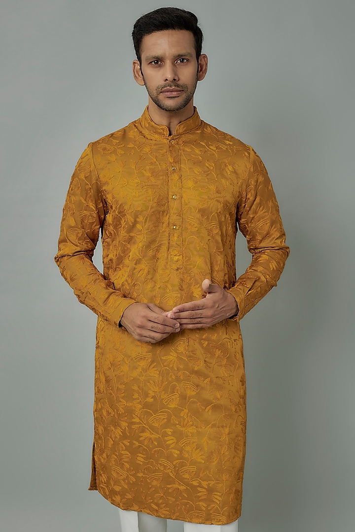 Mustard Linen Satin Embroidered Kurta by Kunal Rawal