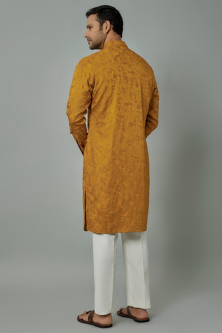 Mustard Linen Satin Embroidered Kurta by Kunal Rawal at Pernia's Pop Up Shop