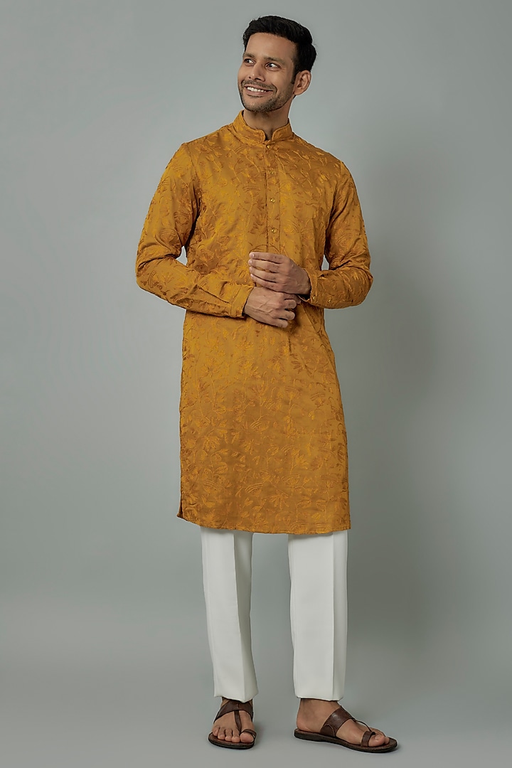Mustard Linen Satin Embroidered Kurta by Kunal Rawal at Pernia's Pop Up Shop