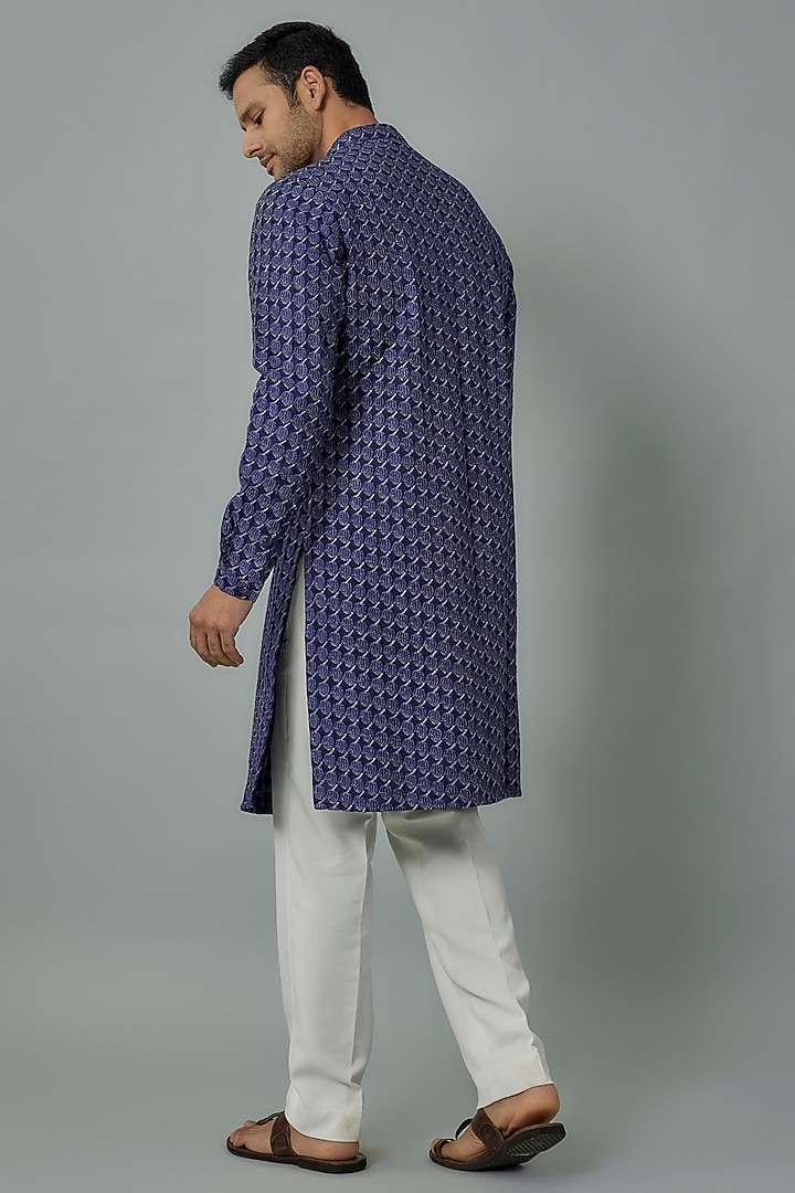 Electric Blue Linen Satin Embroidered Kurta by Kunal Rawal at Pernia's Pop Up Shop