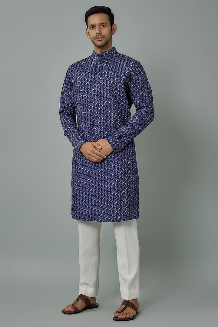 Electric Blue Linen Satin Embroidered Kurta by Kunal Rawal at Pernia's Pop Up Shop