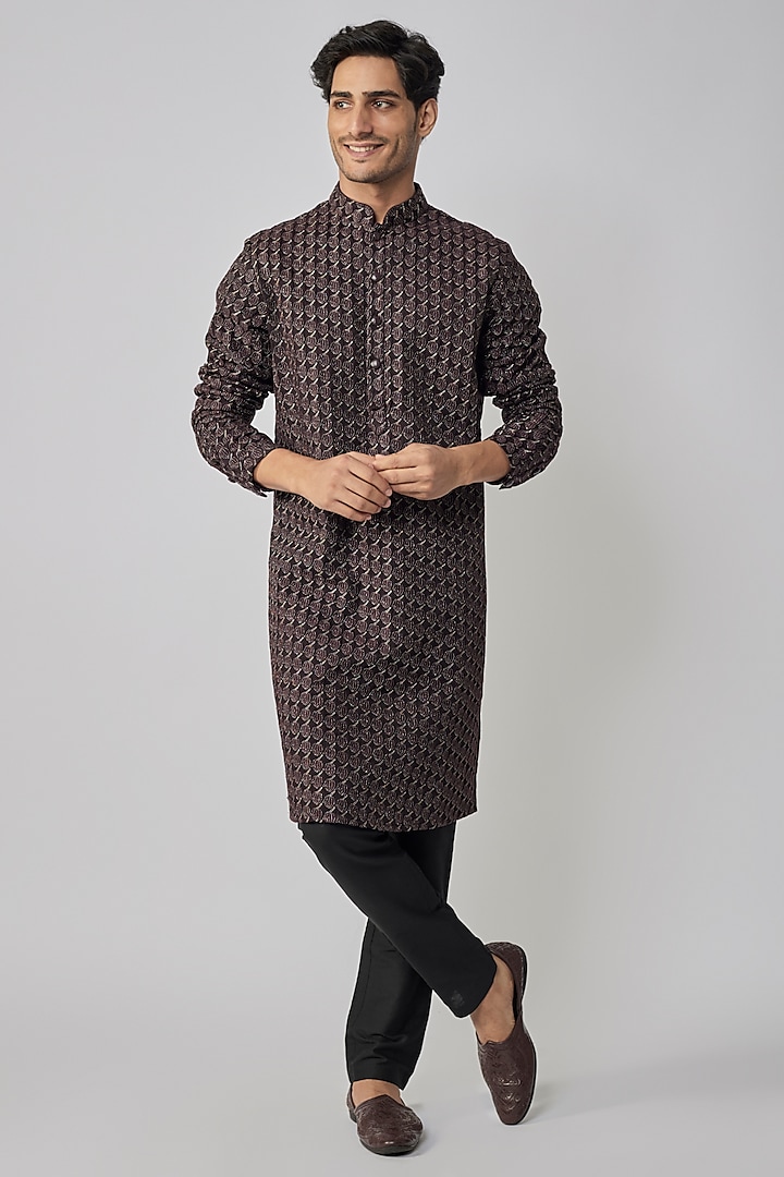 Wine Linen Satin Embroidered Kurta by Kunal Rawal at Pernia's Pop Up Shop