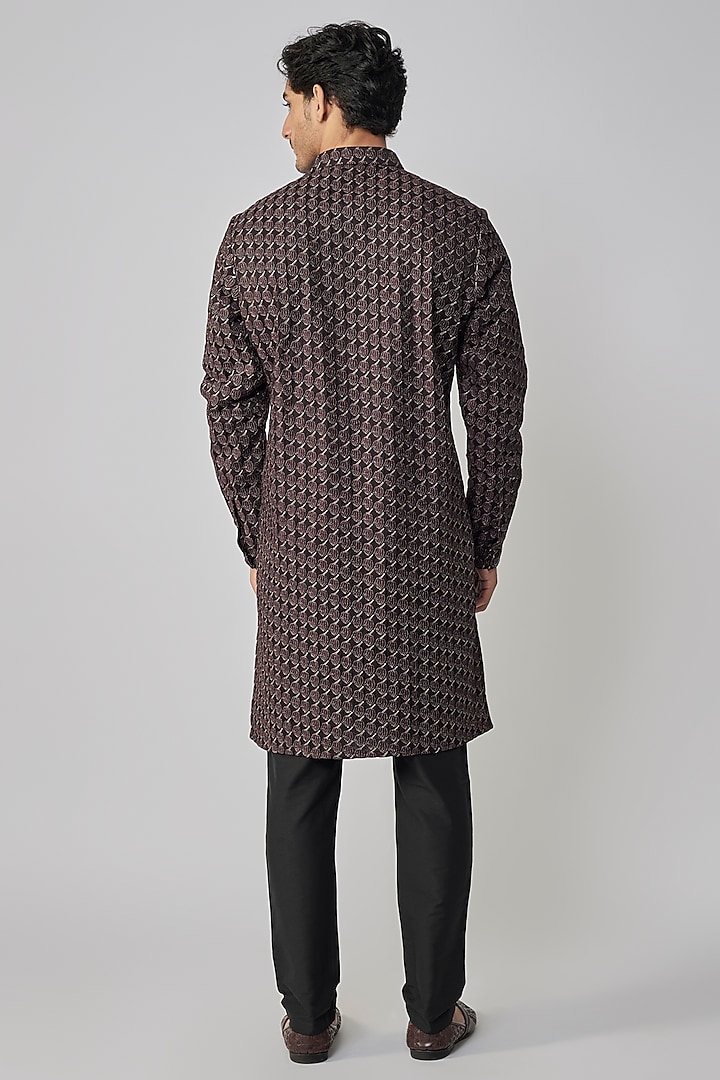 Wine Linen Satin Embroidered Kurta by Kunal Rawal at Pernia's Pop Up Shop