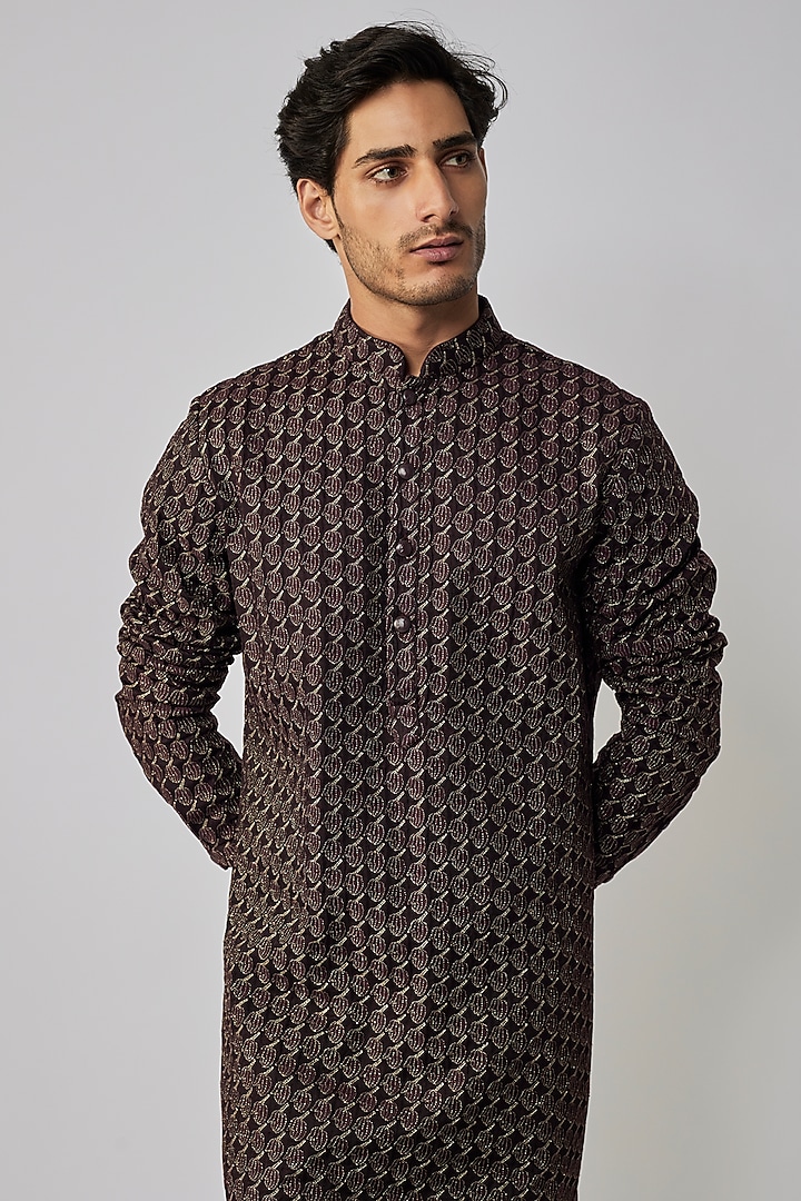 Wine Linen Satin Embroidered Kurta by Kunal Rawal at Pernia's Pop Up Shop