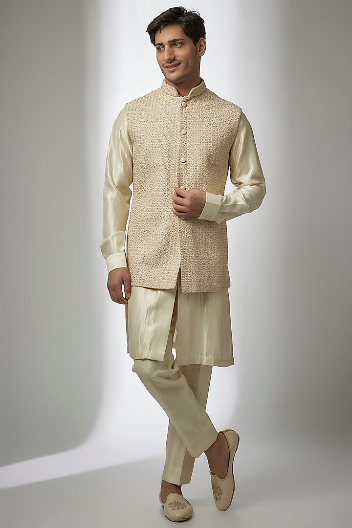 Blush Pink Suiting Hand Embroidered Nehru Jacket by Kunal Rawal