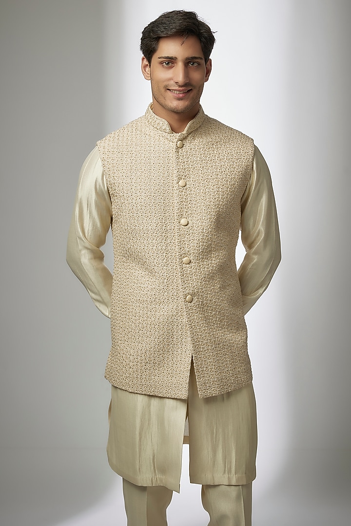 Blush Pink Suiting Hand Embroidered Nehru Jacket by Kunal Rawal at Pernia's Pop Up Shop