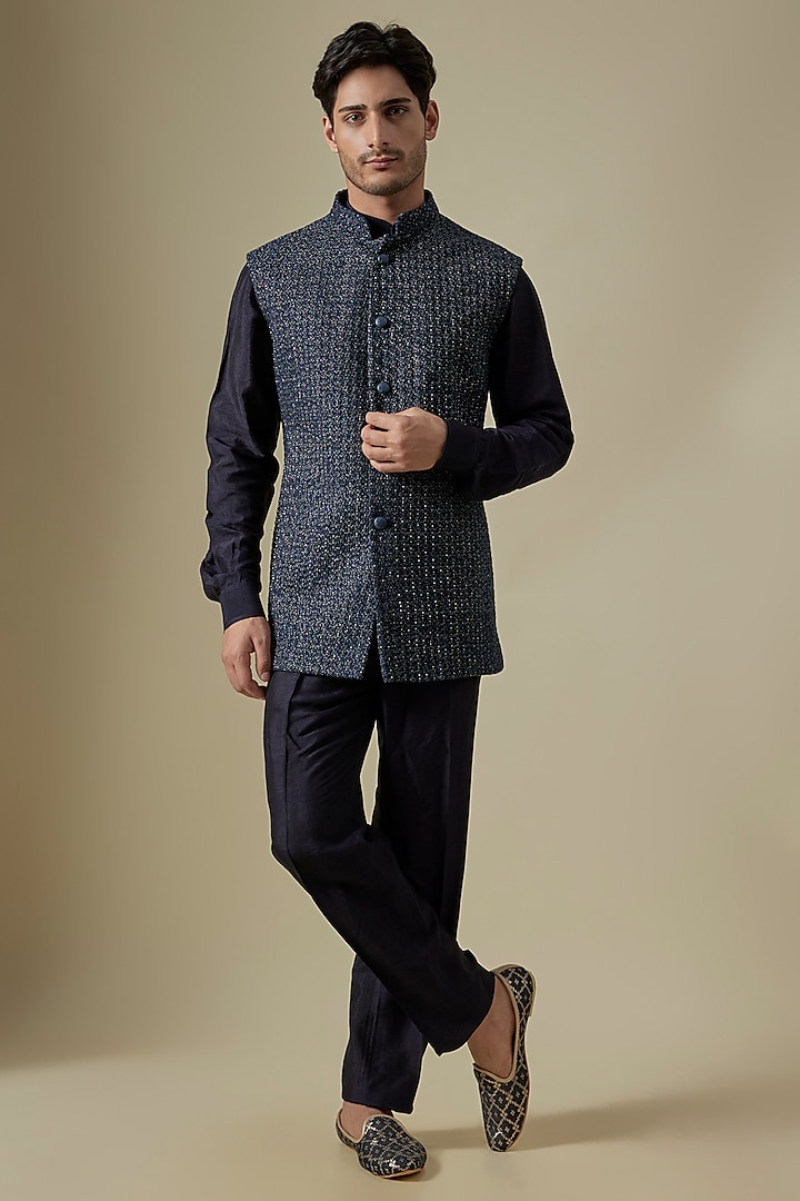 Navy Blue Linen Satin Embroidered Nehru Jacket by Kunal Rawal at Pernia's Pop Up Shop