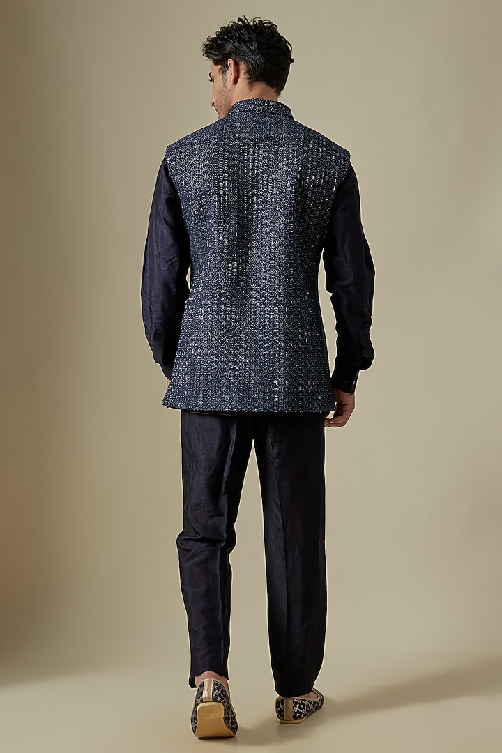 Navy Blue Linen Satin Embroidered Nehru Jacket by Kunal Rawal at Pernia's Pop Up Shop