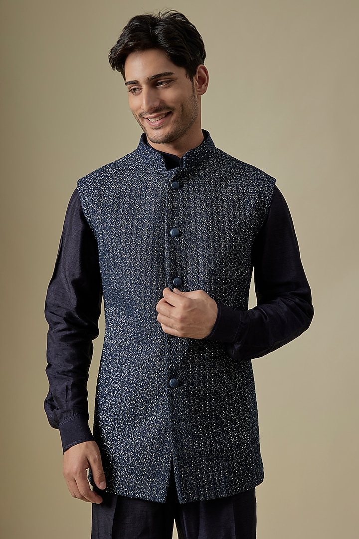 Navy Blue Linen Satin Embroidered Nehru Jacket by Kunal Rawal at Pernia's Pop Up Shop