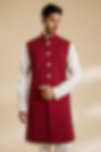 Red Silk Threadwork Nehru Jacket by Kunal Rawal at Pernia's Pop Up Shop