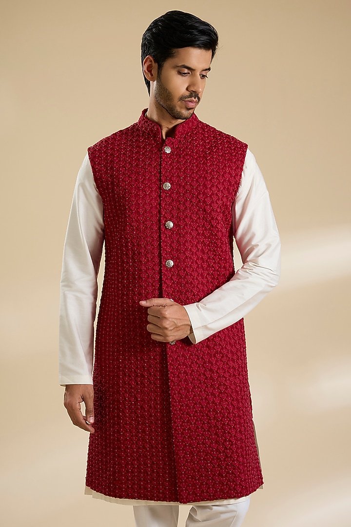 Red Silk Threadwork Nehru Jacket by Kunal Rawal at Pernia's Pop Up Shop