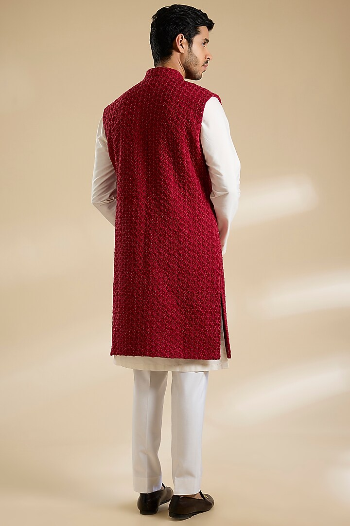 Red Silk Threadwork Nehru Jacket by Kunal Rawal at Pernia's Pop Up Shop