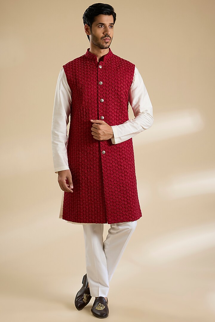 Red Silk Threadwork Nehru Jacket by Kunal Rawal at Pernia's Pop Up Shop