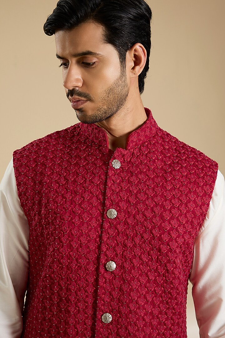 Red Silk Threadwork Nehru Jacket by Kunal Rawal at Pernia's Pop Up Shop