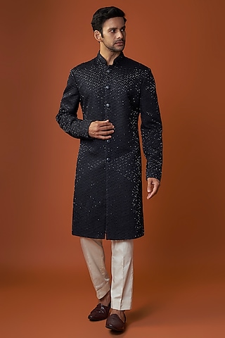 Navy Blue Linen Satin Cutdana Embroidered Sherwani by Kunal Rawal