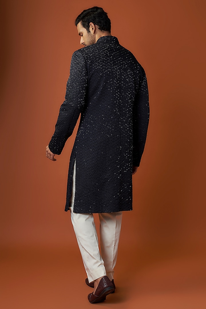Navy Blue Linen Satin Cutdana Embroidered Groom Sherwani by Kunal Rawal at Pernia's Pop Up Shop