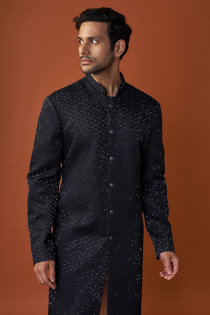 Navy Blue Linen Satin Cutdana Embroidered Groom Sherwani by Kunal Rawal at Pernia's Pop Up Shop