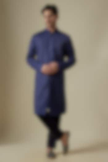 Electric Blue Linen Satin Embroidered Sherwani by Kunal Rawal at Pernia's Pop Up Shop