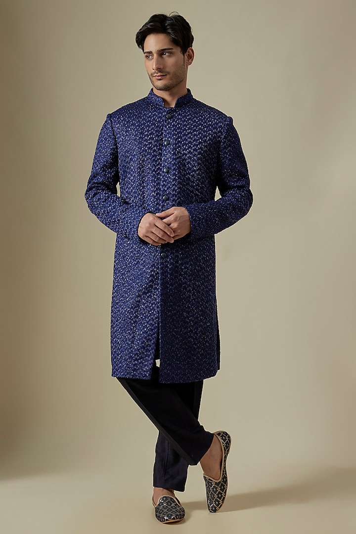 Electric Blue Linen Satin Embroidered Sherwani by Kunal Rawal at Pernia's Pop Up Shop