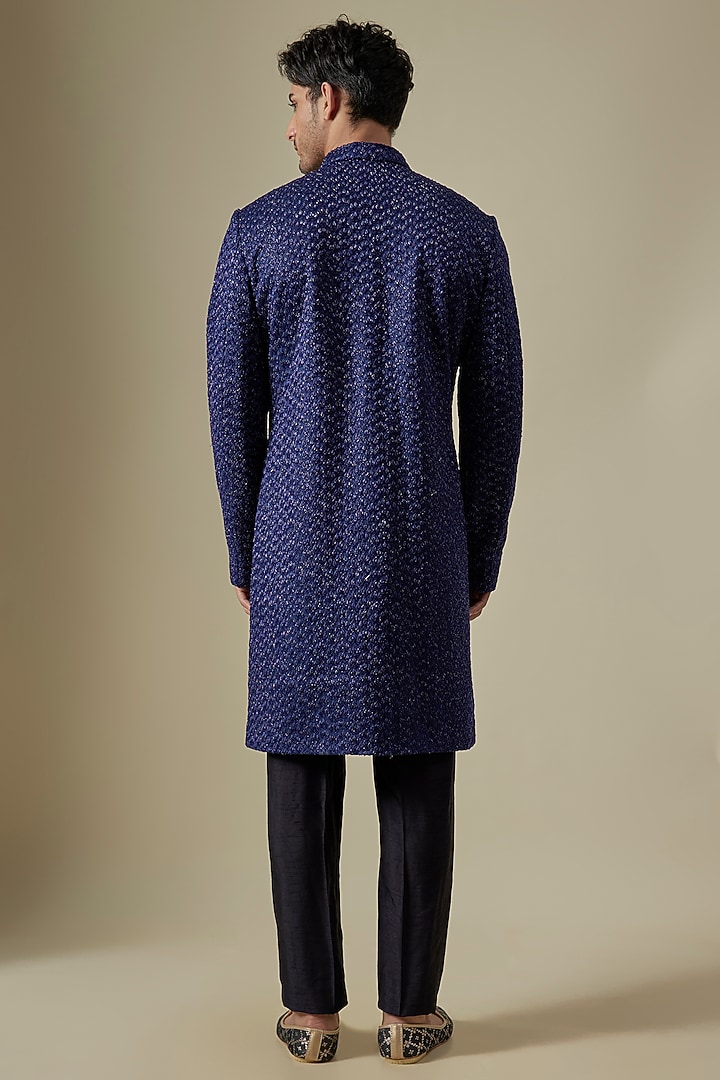 Electric Blue Linen Satin Embroidered Sherwani by Kunal Rawal at Pernia's Pop Up Shop
