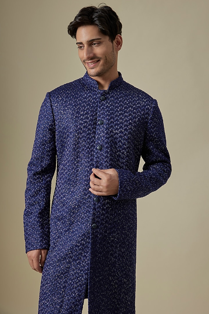 Electric Blue Linen Satin Embroidered Sherwani by Kunal Rawal at Pernia's Pop Up Shop