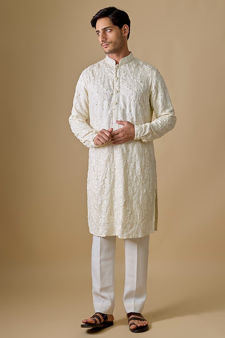 Vanilla-Colored Blended Silk Kurta by Kunal Rawal