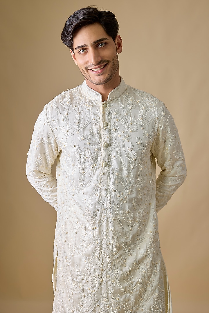 Vanilla-Colored Blended Silk Kurta by Kunal Rawal at Pernia's Pop Up Shop