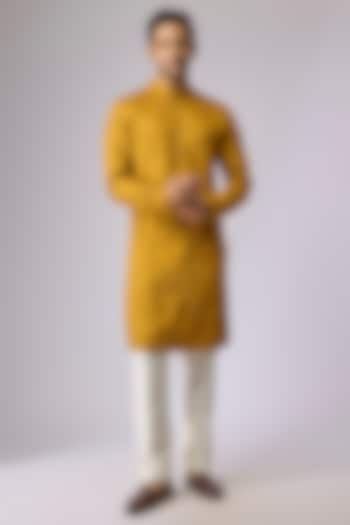 Mustard Blended Silk Kurta by Kunal Rawal