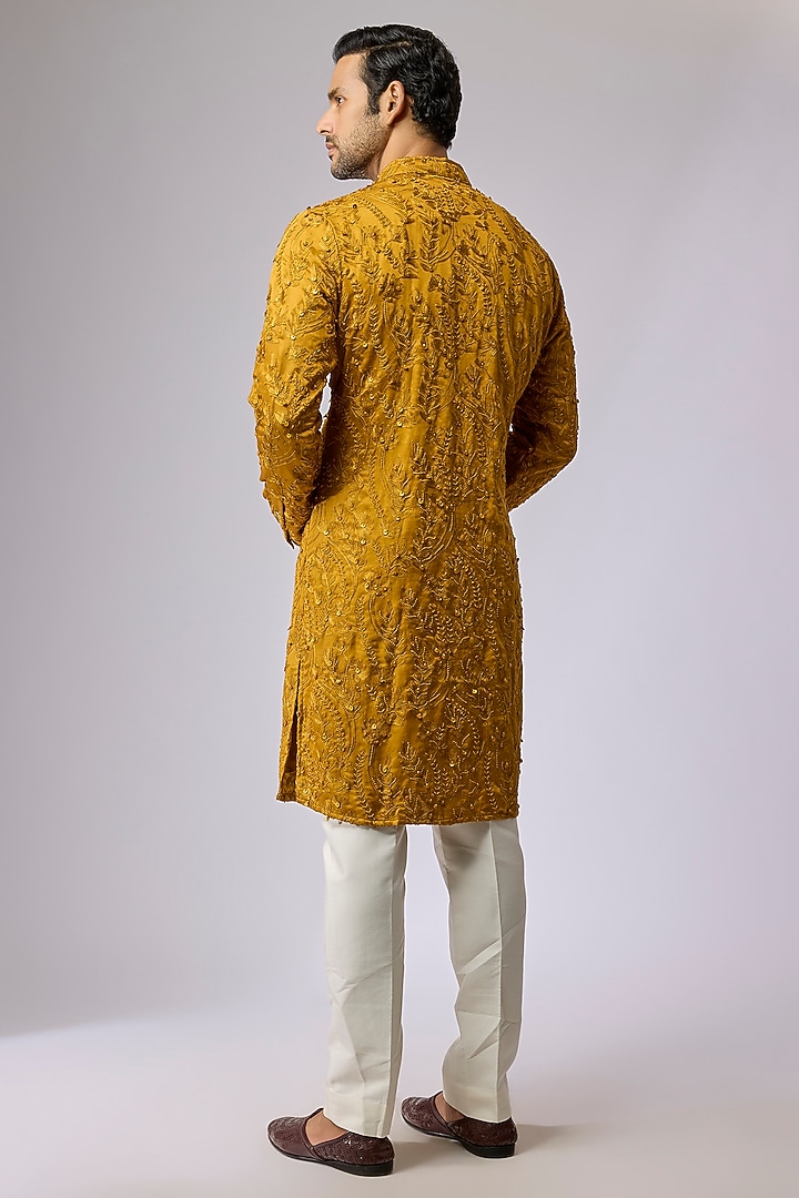Mustard Blended Silk Kurta by Kunal Rawal at Pernia's Pop Up Shop