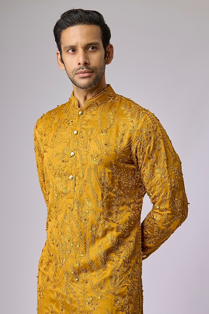 Mustard Blended Silk Kurta by Kunal Rawal at Pernia's Pop Up Shop