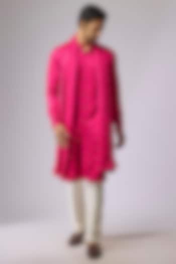 Hot Pink Blended Silk Kurta With Dupatta by Kunal Rawal