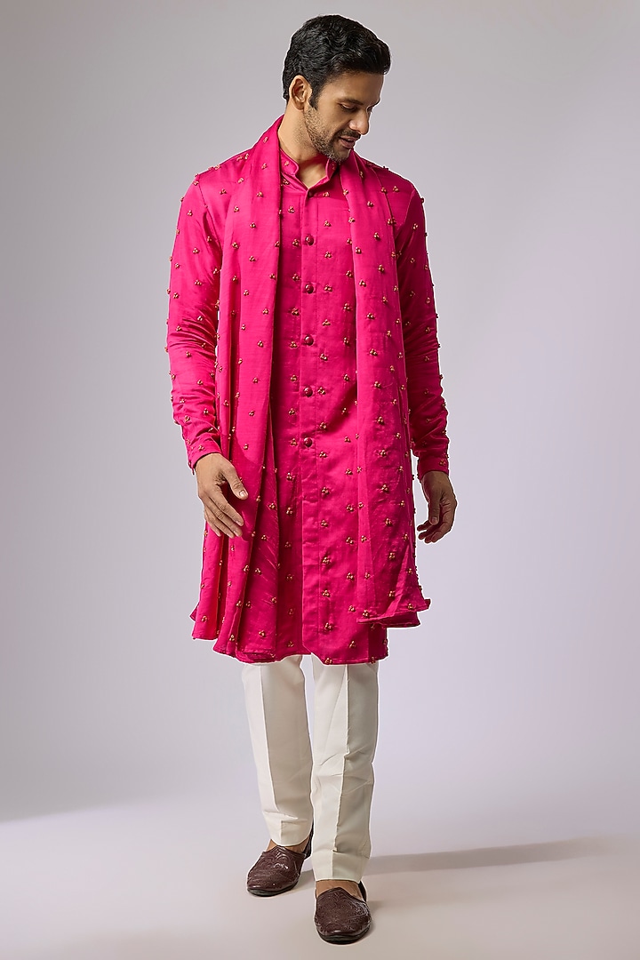 Hot Pink Blended Silk Kurta With Dupatta by Kunal Rawal