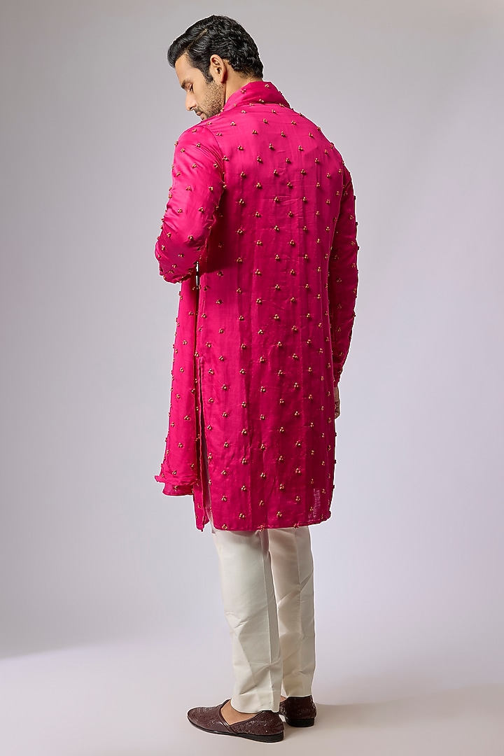 Hot Pink Blended Silk Kurta With Dupatta by Kunal Rawal at Pernia's Pop Up Shop