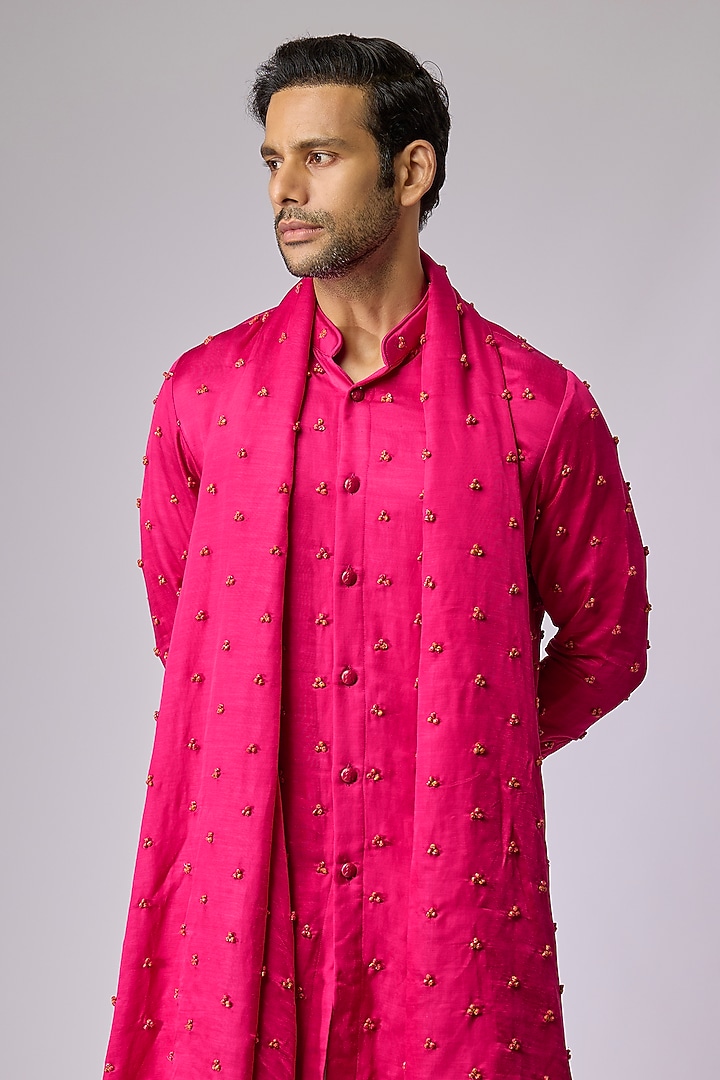 Hot Pink Blended Silk Kurta With Dupatta by Kunal Rawal at Pernia's Pop Up Shop