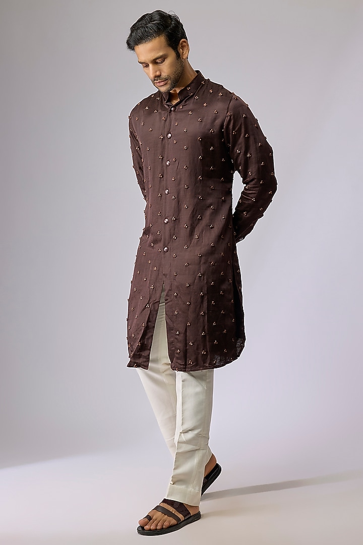 Brown Blended Silk Kurta by Kunal Rawal