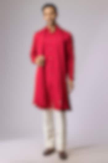 Bright Red Blended Silk Kurta With Dupatta by Kunal Rawal