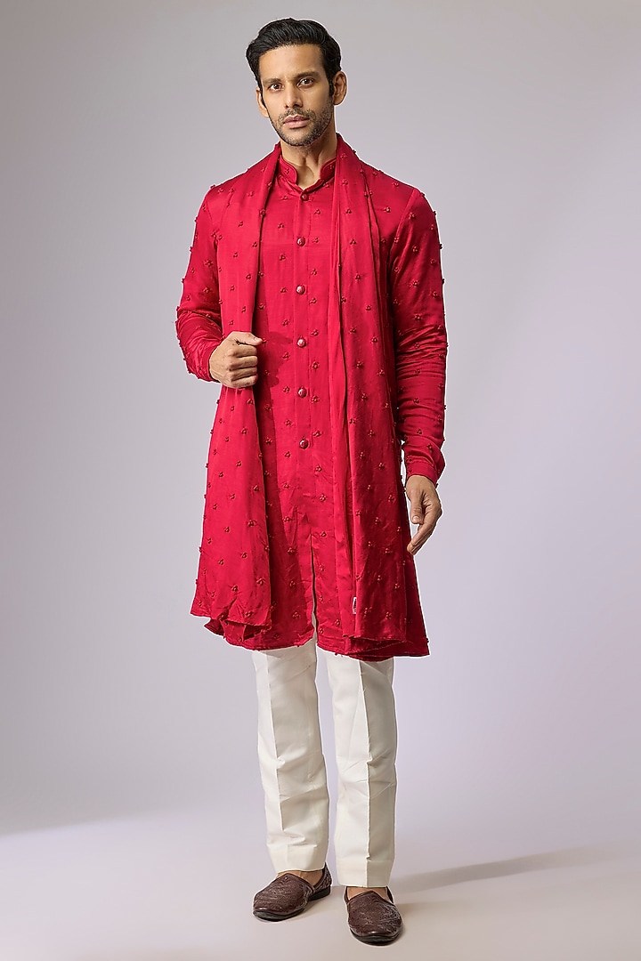 Bright Red Blended Silk Kurta With Dupatta by Kunal Rawal