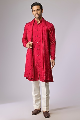 Bright Red Blended Silk Kurta With Dupatta by Kunal Rawal
