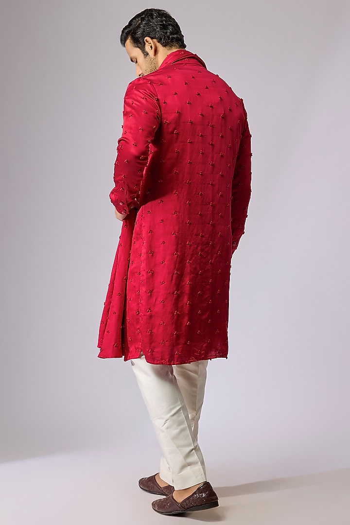Bright Red Blended Silk Kurta With Dupatta by Kunal Rawal at Pernia's Pop Up Shop