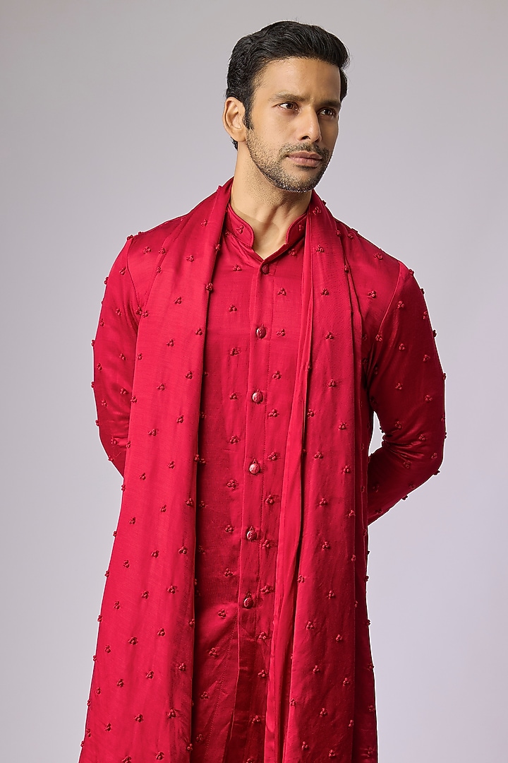 Bright Red Blended Silk Kurta With Dupatta by Kunal Rawal at Pernia's Pop Up Shop