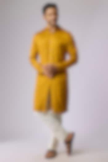 Mustard Blended Silk Kurta by Kunal Rawal