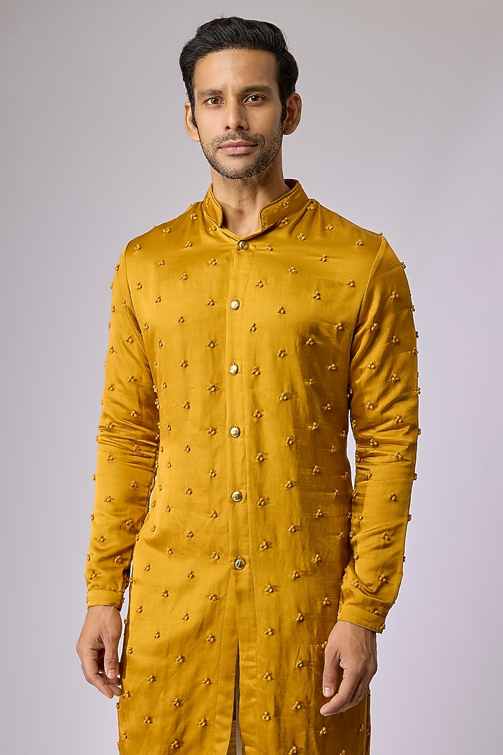 Mustard Blended Silk Kurta by Kunal Rawal at Pernia's Pop Up Shop